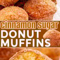 two image collage showing cinnamon sugar donut muffins on a plate with one muffin split in half in bottom image. center color block with text overlay.