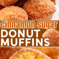 two image collage showing cinnamon sugar donut muffins on a plate with one muffin split in half in bottom image. center color block with text overlay.