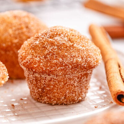 mini cupcakes coated with cinnamon sugar mixture sitting on white textured plate with a cinnamon stick next to the muffins.