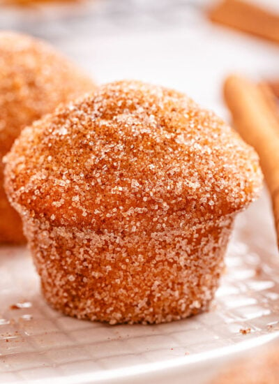 mini cupcakes coated with cinnamon sugar mixture sitting on white textured plate with a cinnamon stick next to the muffins.