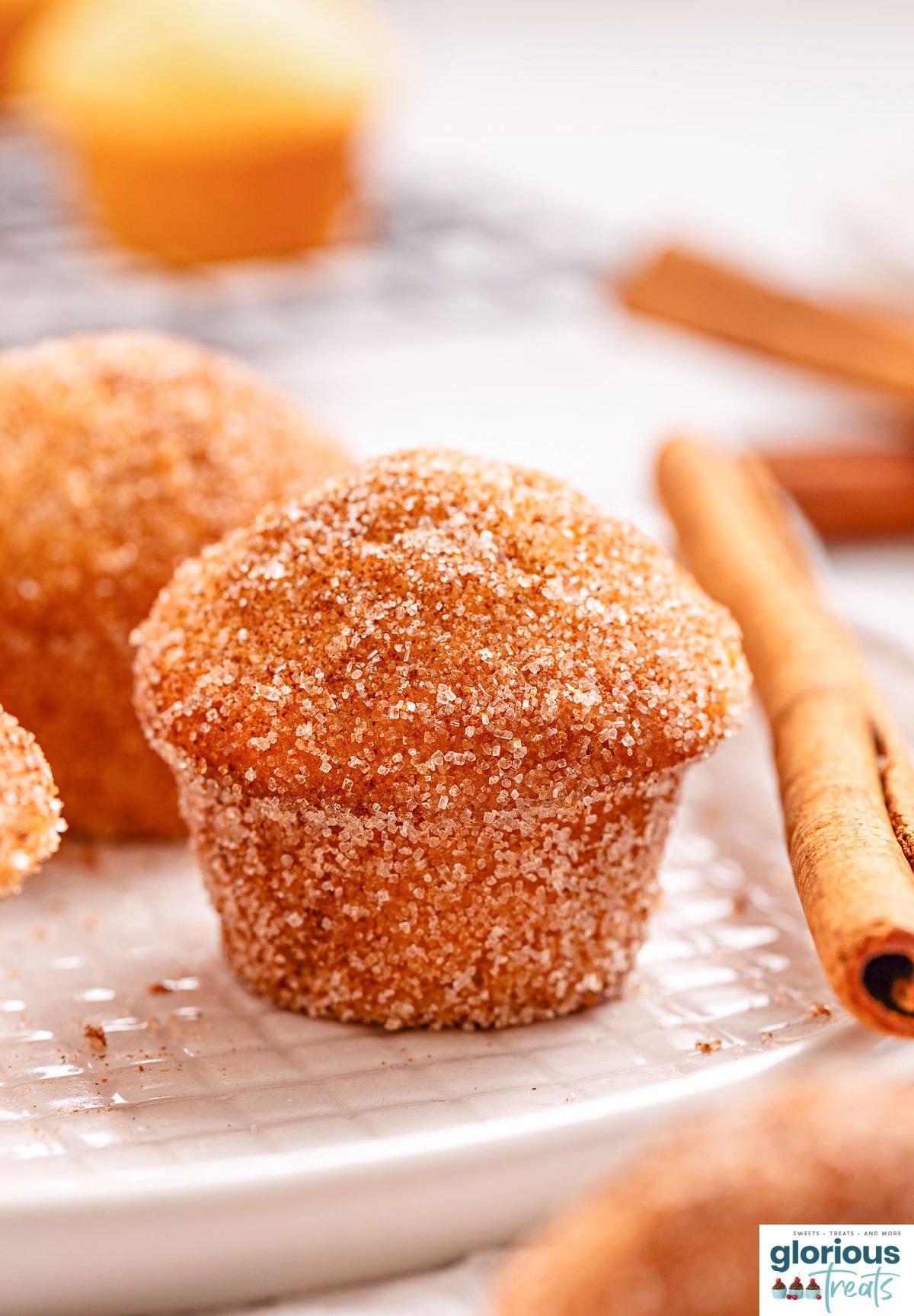 mini cupcakes coated with cinnamon sugar mixture sitting on white textured plate with a cinnamon stick next to the muffins.