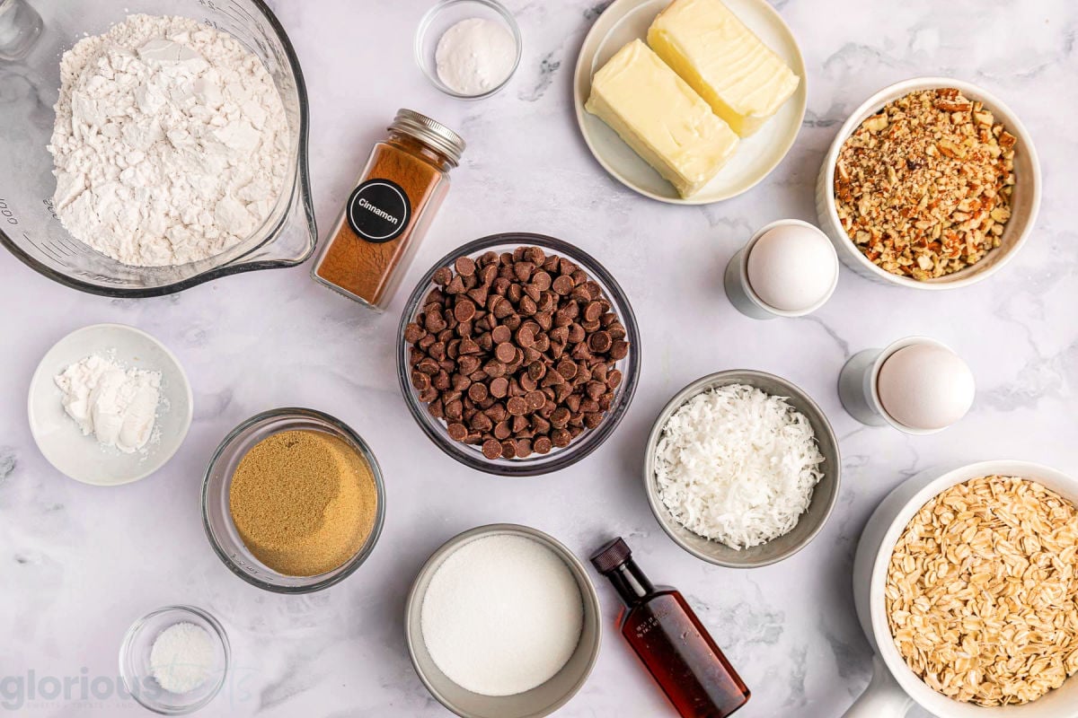 top down view of all the ingredients need to make this cowboy cookie recipe.