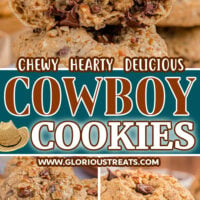 three image collage showing cowboy cookies stacked and broken in half with melted chocolate. the bottom left image shows the cookies on a plate and the bottom right image three cookies are stacked. center color block with text overlay.