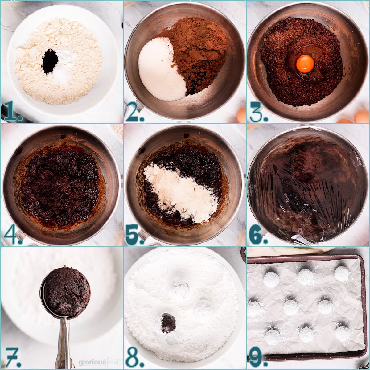 nine image collage showing how to make chocolate crinkle cookie recipe.
