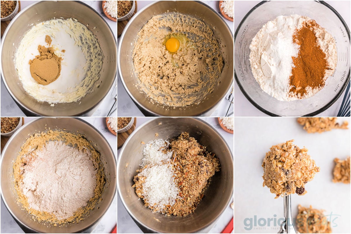 six image collage showing step by step how to make cowboy cookies.