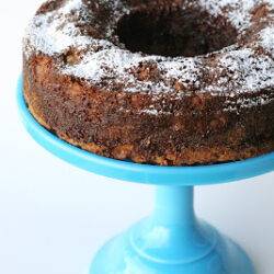 Apple cake on blue cake stand