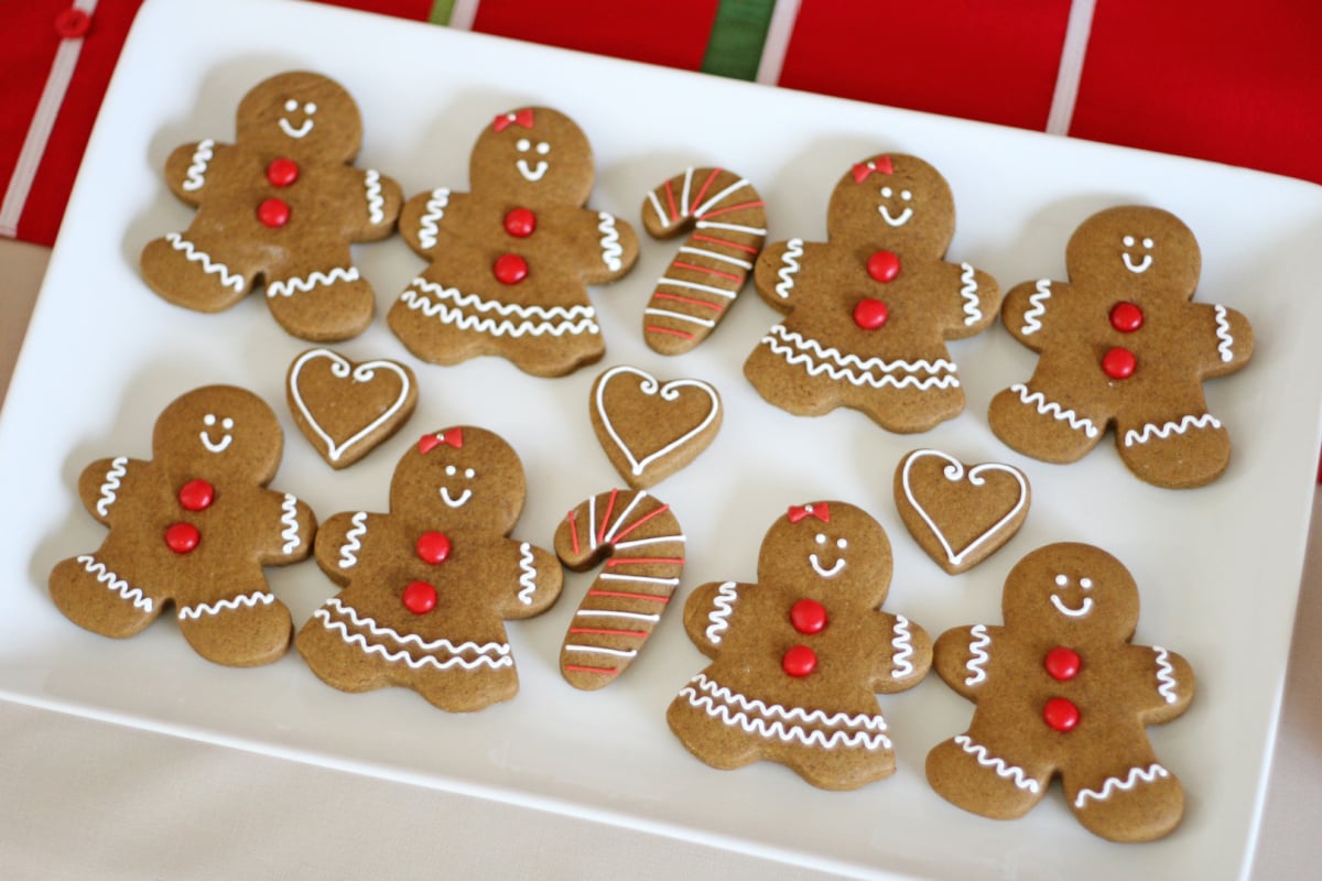 gingerbread cookies decorated on white tray