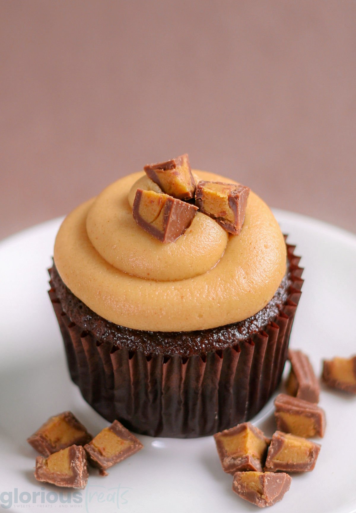 single chocolate peanut butter cupcake sitting on a white cake stand. the cupcake is topped with a creamy peanut butter frosting and chopped mini reeses candy. more pieces of the candy are scattered on the cake stand.