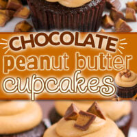 two image collage showing three chocolate cupcakes with peanut butter frosting sitting on a white cake stand and topped with chopped reeses candy. center color block with text overlay.