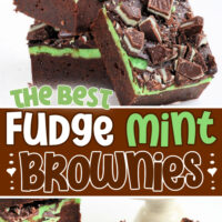 two image collage showing mint brownies stacked on white background. center color block with text overlay.