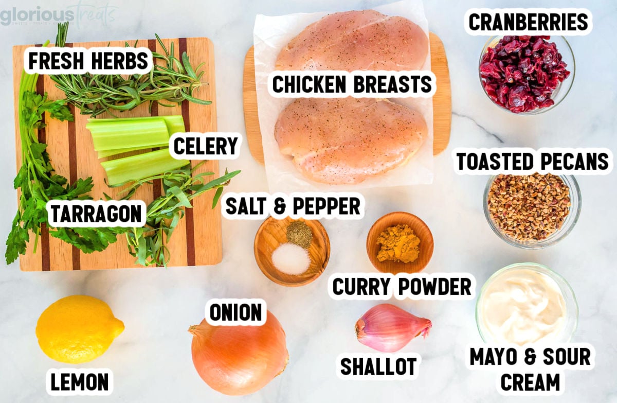 top down view of all the chicken salad ingredients ready to be used in this chicken salad recipe.