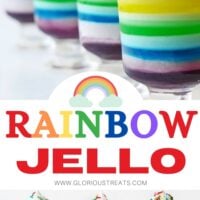 rainbow jello layered in tall glasses topped with whipped cream and center text overlay.