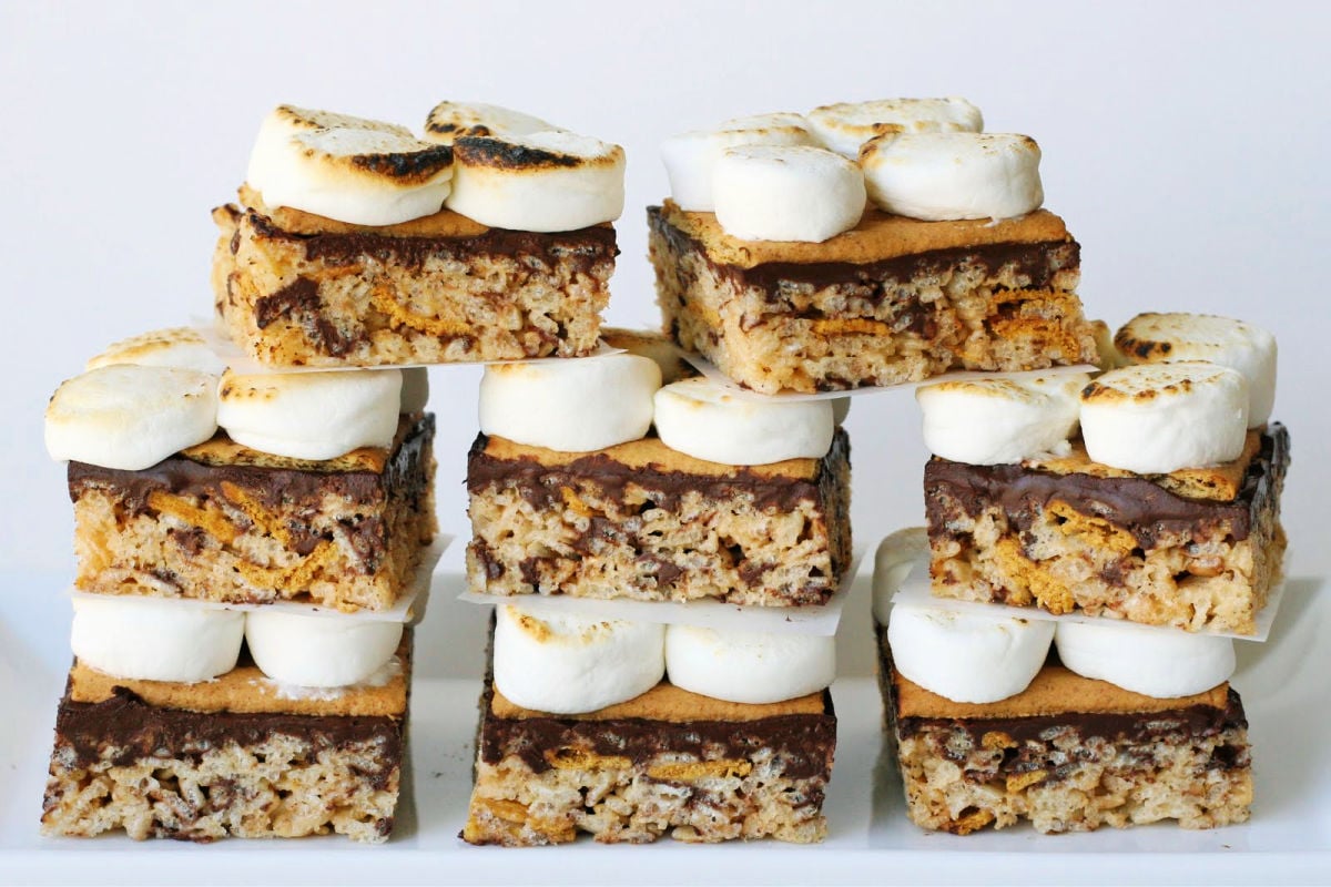 S'mores rice krispies treats stacked in a pyramid