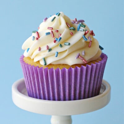 single vanilla cupcake on white cupcake stand with purple liner and pastel sprinkles