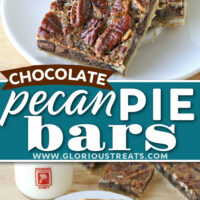 two image collage of chocolate pecan pie bars on a white plate cut into squares with more bars in the background and a jug of milk. center color block with text overlay.