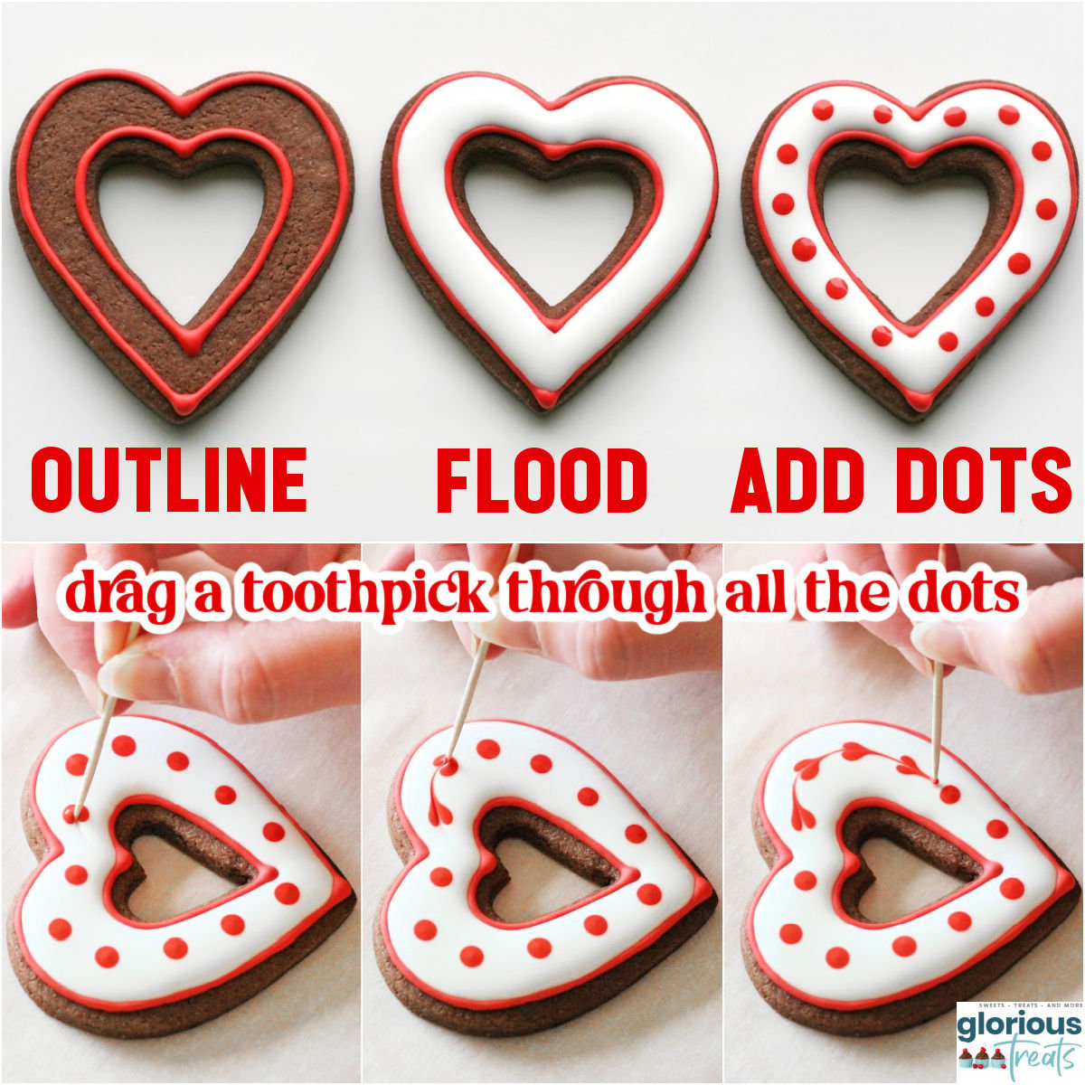 six image collage showing how to use royal icing to create hearts on chocolate heart cookies collage.