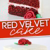 two image collage with slice of red velvet cake with fondant rose on white plate and whole cake pictured