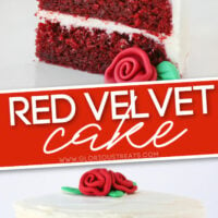 two image collage with slice of red velvet cake with fondant rose on white plate and whole cake pictured