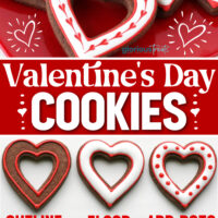 two image collage showing heart shaped chocolate cookies decorated with royal icing. bottom image shows how to make hearts with royal icing on the cookies. center color block with text overlay.