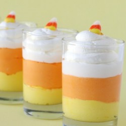 candy corn cheesecake mousse in 3 glasses