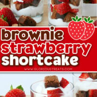 2 image collage of brownie strawberry shortcake layered in small glasses. center color block and text overlay.