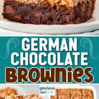 three image collage of german chocolate brownies on a plate, held up over baking dish and the entire baking dish of brownies cut and ready to serve. Center color block with text overlay.