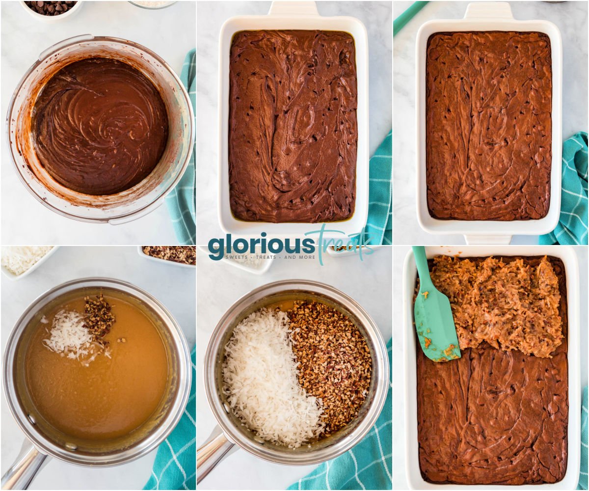 six image collage showing how to make german chocolate brownies including the frosting.