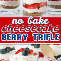 two image collage of no bake cheesecake trifle layered with berries and fresh whipped cream. center color block and text overlay.