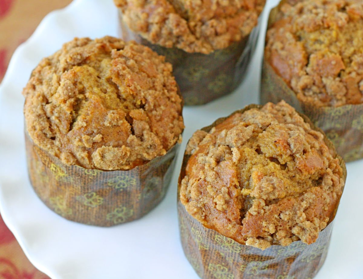 4 pumpkin muffins on white cake stand top down view