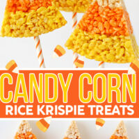 two image collage showing candy corn rice krispie treats cut into wedge with orange and white striped straws sticking out the bottom. center color block with text overlay.