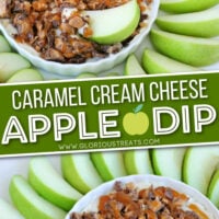 two image collage of apple dip with caramel surrounded by sliced green apples. center color block and text overlay.