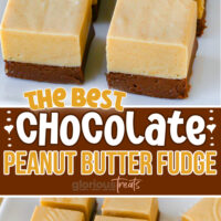 two image collage showing chocolate peanut butter fudge on a white tray. It is a layered fudge with chocolate on the bottom and peanut butter fudge on the top. center color block with text overlay.