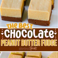 two image collage showing chocolate peanut butter fudge on a white tray. It is a layered fudge with chocolate on the bottom and peanut butter fudge on the top. center color block with text overlay.