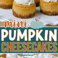 Three image collage of mini pumpkin cheesecake recipe. Cheesecakes are shown on white scalloped cake stand and white rectangular platter and are topped with whipped cream. Center color block with text overlay.