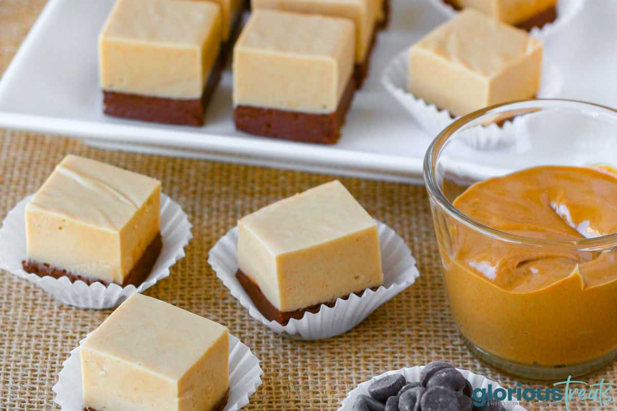 small container of peanut butter sitting next to peanut butter and chocolate fudge pieces in white cups. white tray with more fudge can be seen in the background.