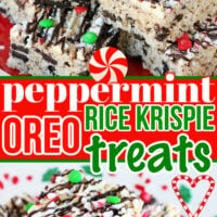 two image collage showing stack of peppermint oreo rice krispie treat on a red plate on top and white plate on the bottom. center color block with text overlay.