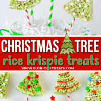 two image collage showing rice krispie treats cut and decorated as christmas trees. center color block with text overlay.