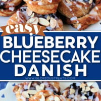 two image collage showing pastries made with puff pastry, cream cheese and blueberry jam drizzled with a glaze and sliced almonds sprinkled on top. center color block with text overlay.