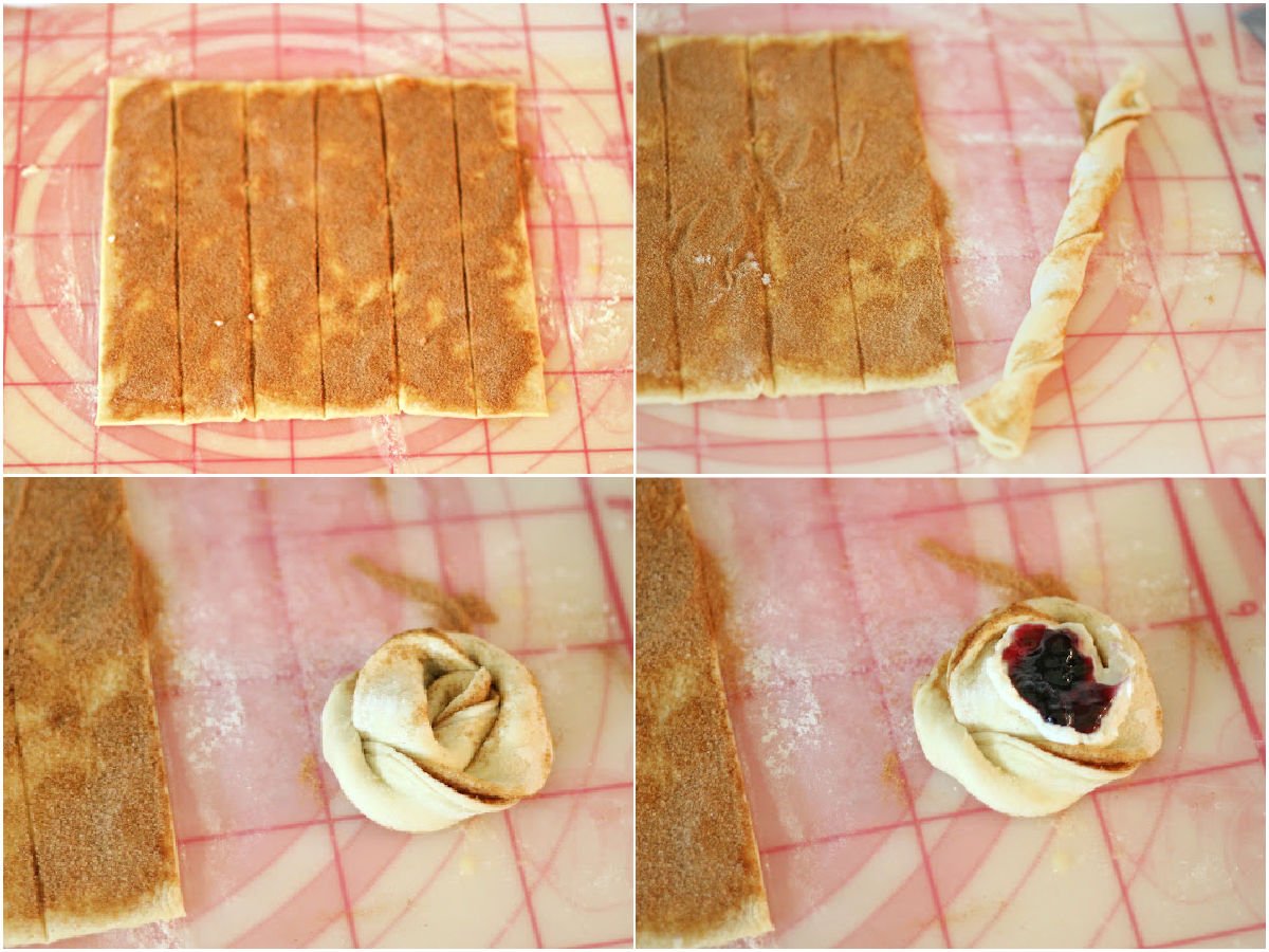 four image collage that shows how to twist and fold the puff pastry into a danish.