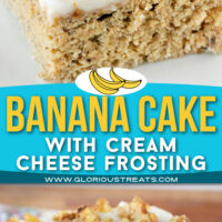 two image collage showing piece of banana cake topped with cream cheese frosting and toasted walnuts. color block in the center with text overlay.