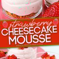 strawberry mousse in small glass jars 2 image collage with text overaly