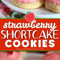 cookies with strawberry frosting and fresh strawberry half on top of each cookie. center color block and text overlay.