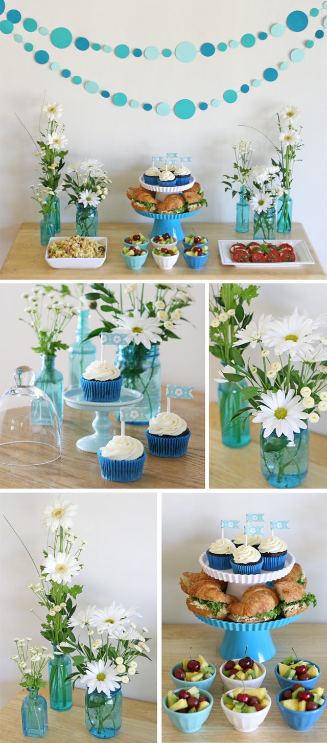 Blue and white party display {and easy menu ideas for entertaining at home} from glorioustreats.com