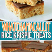 whatchamacallit rice krispie treats stacked two high on a small round white plate and bottom image shows them on a white cake stand. center color block with text overlay.