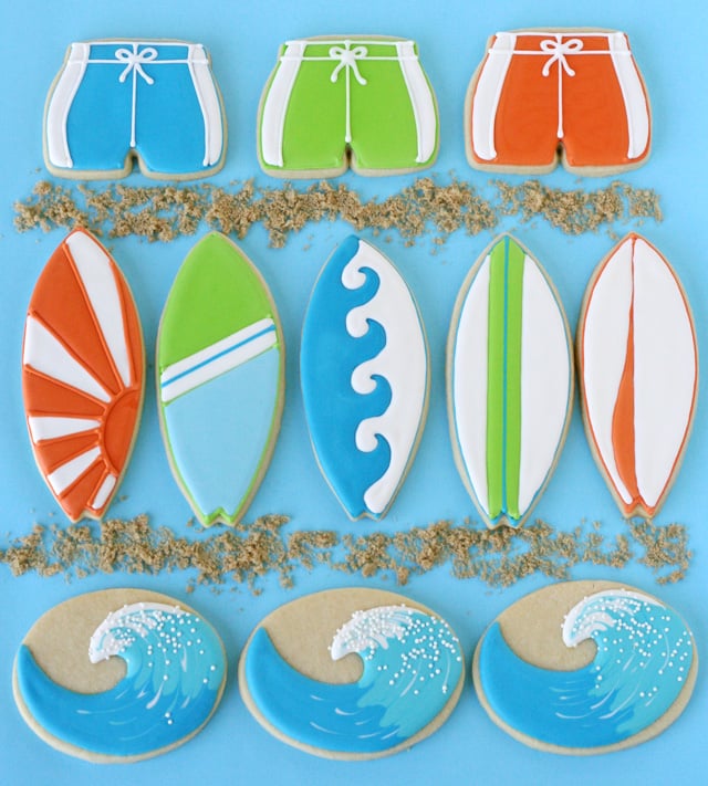 Surfboard and Wave Decorated Cookies - by Glorious Treats