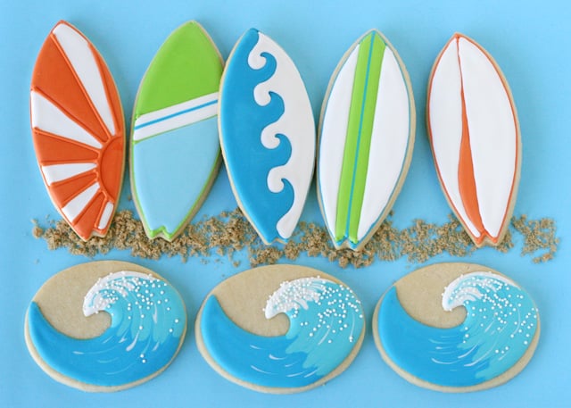 Wave and Surfboard Cookies - by Glorious Treats