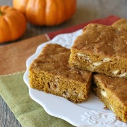 Pumpkin White Chocolate Chip Bars - by glorioustreats.com