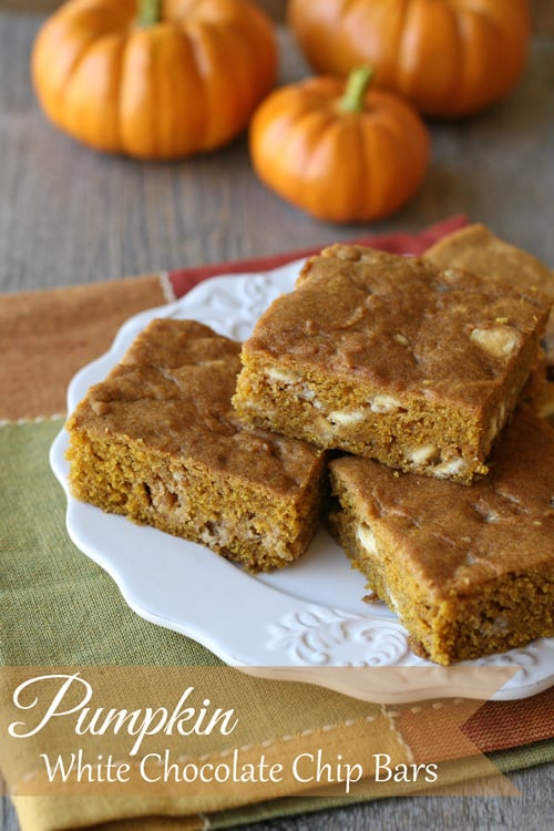 Pumpkin White Chocolate Chip Bars - by glorioustreats.com