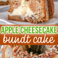 two image collage showing an apple bundt cake with cream cheese filling on a plate and top down view showing the praline frosting. center color block with text overlay.