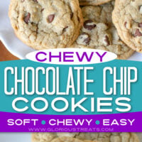 2 image chocolate chip cookies collage with plate of cookies at top and small white plate with two cookies on the bottom there is a center text overlay